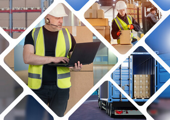 Wall Mural - Logistics center employees. Warehouse workers near truck. Storekeepers with cardboard boxes. Warehouse employees control shipment of goods. Male storage manager with laptop. Distribution warehouse