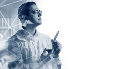 Poster - man laboratory assistant. scientist with test tube on white. copy space. laboratory technician thoug