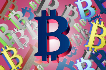 Poster - Bitcoin background. BTC logos. Multi-colored bitcoin symbols. BTC texture. Bitcoin pattern. Background with cryptocurrency logo. Backdrop for advertising BTC technology. 3d image