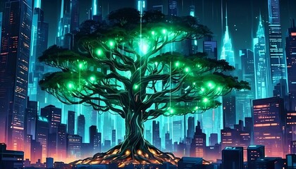 Illustration of beautiful glowing tree growing on cities representing digital technology in studio. Generative AI