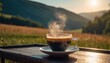  a cup of coffee with steam rising out of it on a wooden table in the middle of a grassy field with mountains in the background and a sun shining on the horizon.