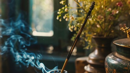 Poster - A simple yet peaceful image of an incense stick and a glass of water on a table. This versatile image can be used to create a calming atmosphere or to depict relaxation and mindfulness