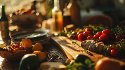 Poster - A wooden cutting board with a variety of delicious food items. Perfect for food-related projects and culinary themes
