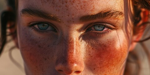 Poster - A detailed close-up of a woman's face with beautiful freckles. This image can be used to showcase natural beauty or as a representation of diversity and individuality