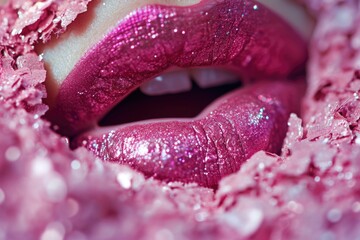 Poster - Close up of a woman's lips covered in pink glitter. Perfect for makeup tutorials or adding a touch of sparkle to any project