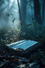 Poster - An open book laying on the ground in the woods. Suitable for educational and nature-themed designs