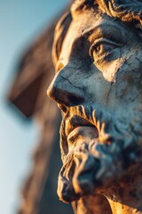 Poster - A close-up view of a statue depicting a man. This image can be used for various purposes