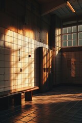 Poster - A bathroom with tiled walls and a wooden bench. Suitable for home improvement or interior design projects