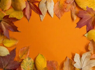 Wall Mural - Yellow and orange leaves isolated on orange background, with copy space for text or graphic design