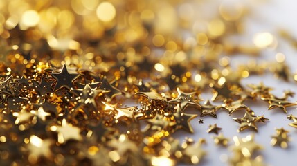 Poster - A pile of gold stars on a white surface. Perfect for adding a touch of glamour and elegance to any design