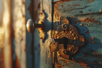 Poster - A detailed close-up shot of a door handle on a wooden door. This image can be used to showcase craftsmanship, home security, or as a metaphor for new opportunities