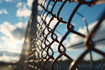 Poster - A detailed view of a chain link fence. This image can be used to depict security, boundaries, or confinement