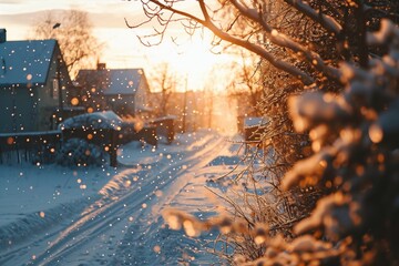 Poster - A snowy street with trees and buildings in the background. This picture can be used for various winter-themed designs and illustrations