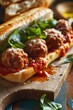A delicious meatball sub sandwich served on a wooden cutting board. Perfect for food lovers and sandwich enthusiasts