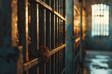 Poster - A detailed close-up of a jail cell door. This image can be used to depict themes of confinement, imprisonment, justice, or crime
