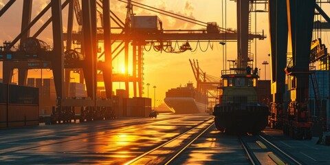 Poster - A train is seen traveling down train tracks next to a loading dock. This image can be used to depict transportation, logistics, or industrial themes
