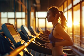 Poster - A woman is seen running on a treadmill in a gym. This image can be used to depict fitness, exercise, and a healthy lifestyle