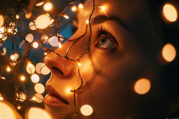 Poster - A woman wearing a string of lights on her head. This picture can be used for festive occasions or creative concepts
