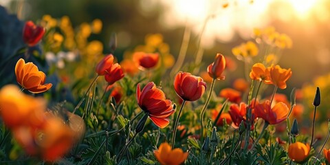 Poster - A beautiful field of orange and yellow flowers with the sun shining in the background. Perfect for nature and landscape themes