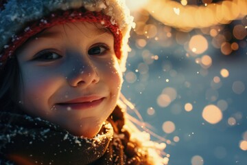 Poster - A little girl dressed in a hat and scarf stands in the snow. Suitable for winter-themed designs and advertisements