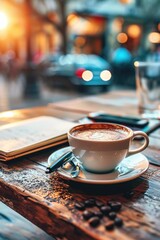 Poster - A cup of coffee sitting on top of a wooden table. Perfect for coffee lovers or cafe scenes