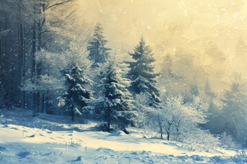 Wall Mural - A picturesque snowy landscape with tall trees. Perfect for winter-themed designs or holiday promotions