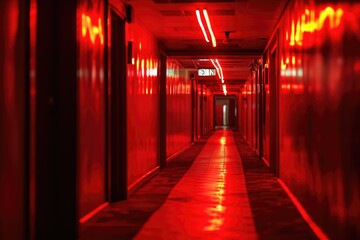 Poster - A long hallway with red walls and lights. Perfect for adding a touch of drama to any project