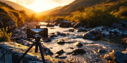 Poster - A tripod sitting on top of a rock next to a river. Perfect for outdoor photography and nature enthusiasts
