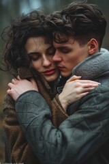 Poster - A heartfelt moment captured as a man and woman embrace each other. Perfect for illustrating love, relationships, and affection