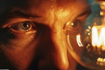 Poster - Person closely examining a light bulb. This image can be used to represent curiosity, innovation, and problem-solving