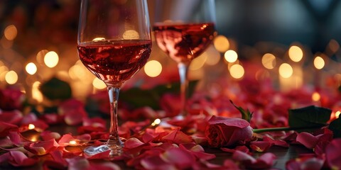 Poster - Two glasses of wine on a table with rose petals. Perfect for romantic occasions and celebrations