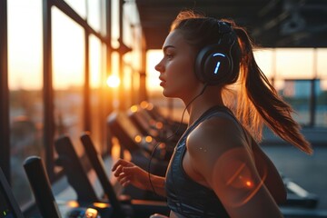 Poster - A woman is running on a treadmill. This image can be used to depict fitness, exercise, and healthy lifestyle concepts