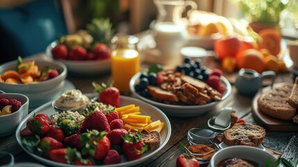 Poster - A wooden table adorned with a mouth-watering spread of delectable food. Perfect for showcasing a sumptuous meal or illustrating the joy of dining.