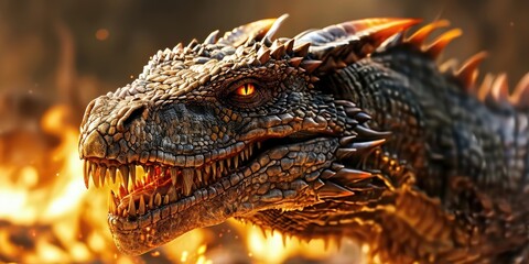 Poster - A close up view of a dinosaur with a fiery background. Suitable for various applications
