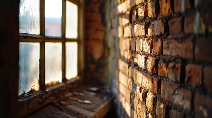 Poster - A picture of a brick wall with a window and a window sill. This image can be used to represent architecture, construction, or home design