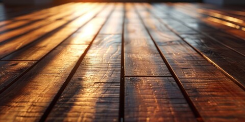 Poster - A close-up view of a wooden table with sunlight shining on it. Perfect for adding warmth and natural elements to your designs