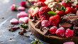 A traditional and romantic holiday snack is offered through a Valentine's Day charcuterie board featuring sweets, raspberries, strawberries, chocolate, and cookies. generative AI