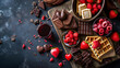 Top view with copy space of Featuring sweets, strawberries, chocolate, and cookies, a Valentine's Day charcuterie board is curated to serve as a customary and romantic holiday treat. generative AI