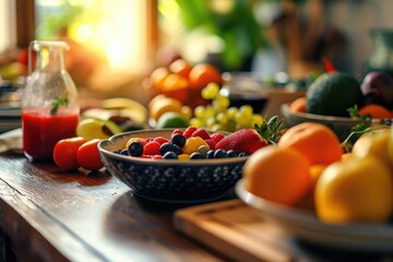 Poster - A wooden table displaying an assortment of fresh and colorful fruits. Perfect for food and nutrition-related projects