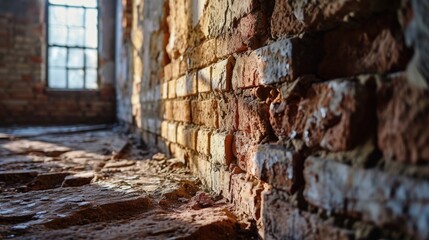 Poster - A picture of a brick wall with a window in the background. This image can be used for architectural designs or to represent urban settings