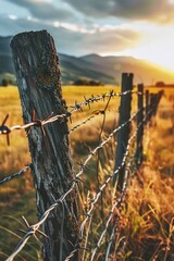 Aufkleber - Barbed wire fence in a field with majestic mountains in the background. Suitable for depicting concepts of boundaries, isolation, security, and natural landscapes