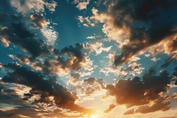 Poster - A picturesque sunset with the sun setting behind the clouds. Perfect for various projects and designs
