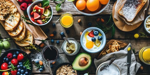 Poster - A wooden table adorned with bowls of fresh fruit and freshly baked bread. Perfect for food-related projects or kitchen-themed designs