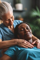 Leinwandbilder - A touching image of a woman with her arm around another woman's neck. This picture captures a warm and loving embrace. Perfect for illustrating friendship, support, or unity
