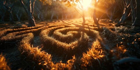 Poster - A captivating circular maze set in the middle of a vast field. Perfect for editorial pieces or educational materials on problem-solving and navigation