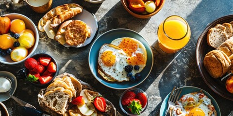 Poster - A table adorned with a variety of breakfast foods. Perfect for showcasing a delicious morning meal.