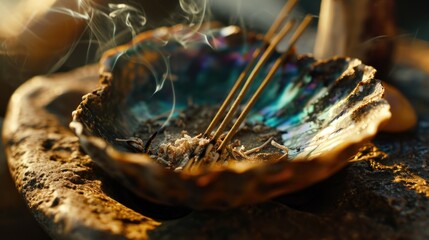 Aufkleber - A bowl with incense sticks sticking out of it. Perfect for creating a calming and peaceful atmosphere