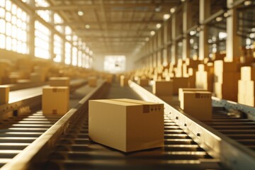 Poster - A box is seen on a conveyor belt in a warehouse. This image can be used to depict logistics, supply chain, or manufacturing processes