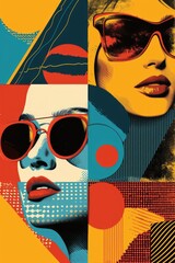 Aufkleber - A collage featuring a woman wearing sunglasses and a hat. This versatile image can be used in various contexts