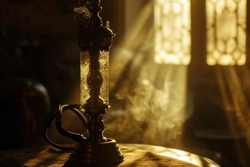 Poster - A candle sitting on a table in front of a window. Suitable for adding warmth and ambiance to any space